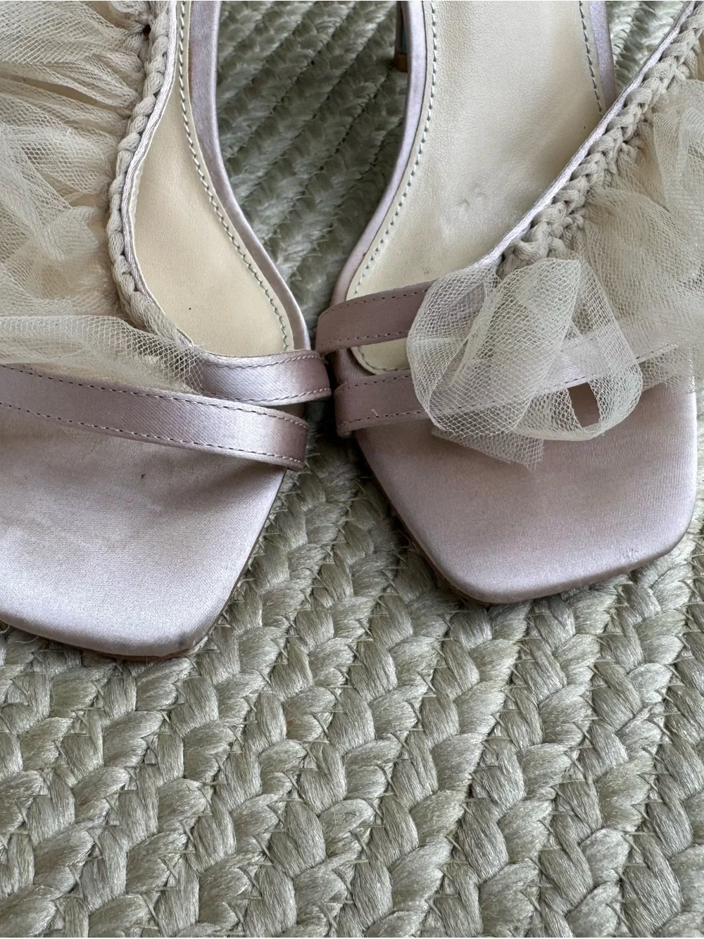 Betsey Johnson Devon Tulle Ruffle Pink Satin Heels Sandals Size 7.5